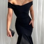 T-007 Siyah Bayan Elbise (Omzu Açık Midi Balık Model)