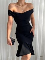 T-007 Siyah Bayan Elbise (Omzu Açık Midi Balık Model)